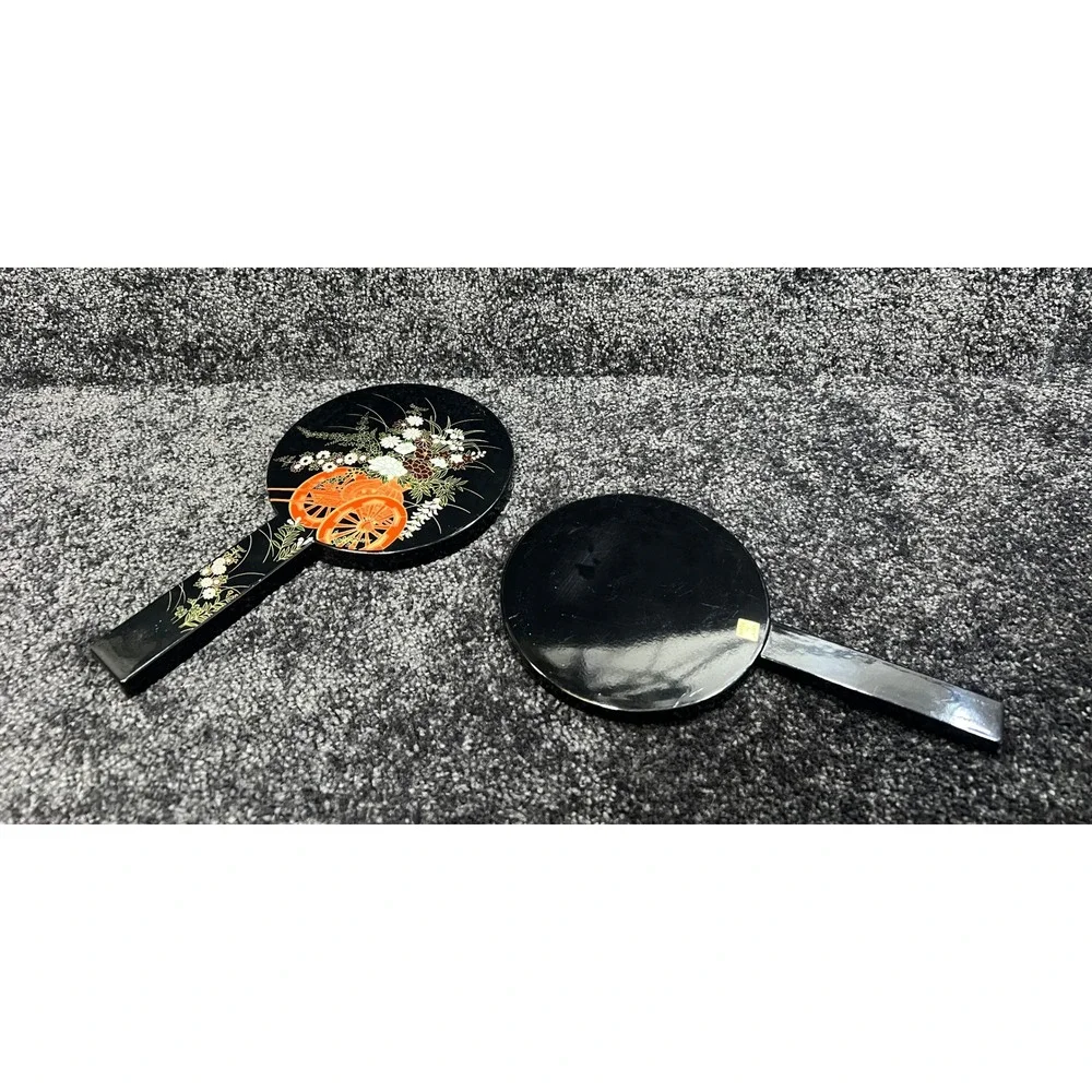 Vtg Japanese Black Handheld Mirror Floral Design Orange Wheels Decorative Accent